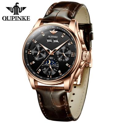 China Day/Date Oupinke 3189 Casual Watches Fashion Leather Luxury Watches For Men Automatic Mechanical Wrist Watch for sale