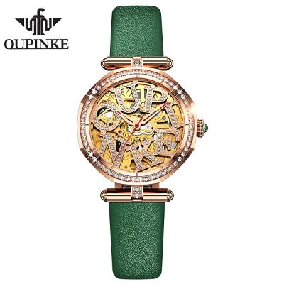 China Oupinke Waterproof 3175 Factory Production Fashion Female White Genuine Leather Strap Rose Gold Automatic Mechanical Watches Women Watch for sale