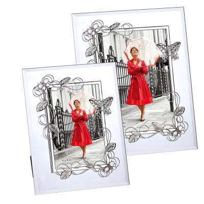 China Table Stand Butterfly Photo Frame Metal Border Adhered Glass Mirror Photo Frame for sale