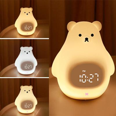 China Kids Baby Silicon Rechargeable Night Light Rechargeable Sleep Trainer YIZHI Cartoon USB White Bear Touch Control Alarm Clock For Children for sale