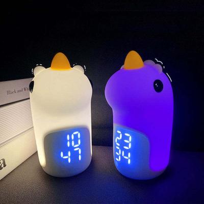 China YIZHI 7 Color Cartoon Kids Table USB Baby Sleep Trainer Night Light Lamp Filling Silicone Led Unicorn Alarm Clock For Children Gifts for sale