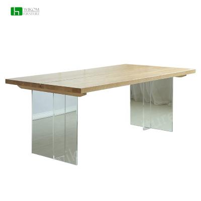 China Modern Simple Rectangular Solid Wood Counter top Acrylic Foot Dining Table for sale