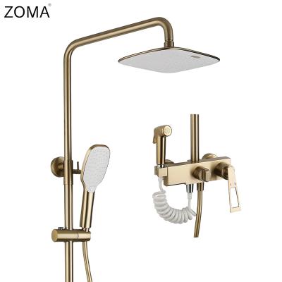 China With Slide Bar Brass Bathroom Brushed Gold Shower Faucet Set Wall Mounted Waterfall Faucet Hot And Cold Shower Faucet Set for sale