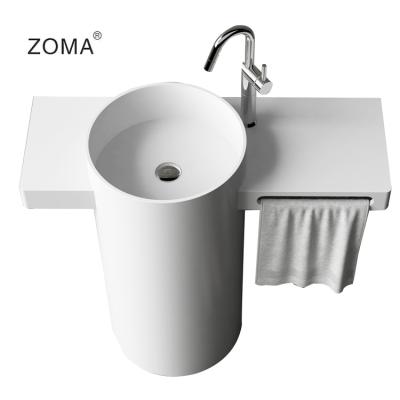 China Modern New Design Solid Surface Resin Bowl Pedestal Sink Outdoor Stone Wash Basin With Towel Rack for sale