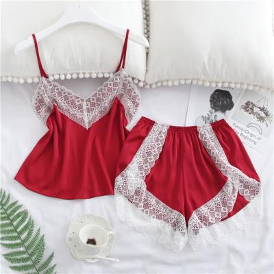 China Sexy QUICK DRY Ladies Pajamas Set Lace Suspender Shorts Pajama Sets 2 Pieces Set Women Luxury Milky Silk Sleepwear for sale