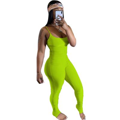 China 2021 new arrival women ladies anti-static wholesale spaghetti tie sleeveless neon color stacked ruched jumpsuit one piece for sale