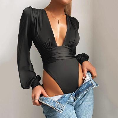 China Winter Bodysuits Bodysuits Winter Party V-Neck Jumpsuit Women Breathable Sleeve Sexy Deep Vestable Bodycon Overalls Solid Elastic Casual Tops for sale