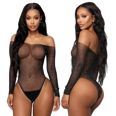 China Sexy lingere see black sexy women off the shoulder shinny lingerie one piece jumpsuit for sale