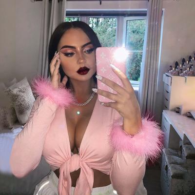 China 2021 Breathable Pink Summer Fashionable Sexy Patchwork Bandage Feather Women's Crop Tops Ladies' Blouse&Tops for sale