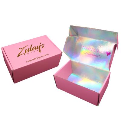 China Handmade Custom Printed Custom E-Commerce Corrugated Paper Boxes Holographic Pink Mailing Packaging Box With Logo for sale