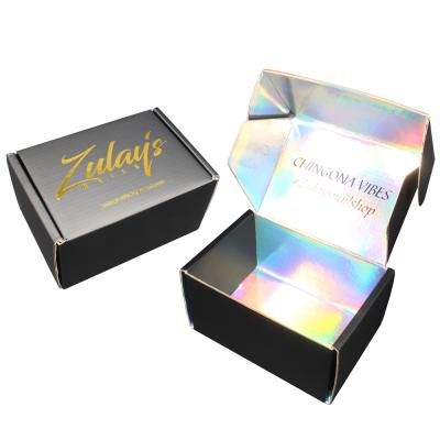 China Handmade Custom Logo Printed Iridescent Black And Holographic Box Mailer Kraft Paper Mailing Boxes for sale