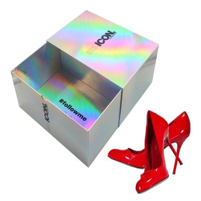 China Handmade Wholesale Custom Premium Drawer High Heel Shoe Box Packaging Holograohic Sneaker Box for sale