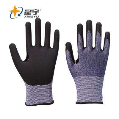 China Xingyu 15G Navy Blue HPPE Black Nitrile Coated Level 5 Micro Nitrile Glove Foam Coating Safety Work Gloves EN388 4543 Glove for sale