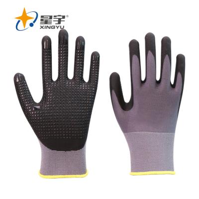 China Xingyu 15G Gray Nylon Spandex Black Nitrile Microfine Knitted Glove General Purpose Foam With Nitrile Dots Work Safety Gloves Anti Sweat Glove for sale