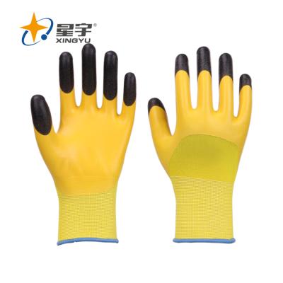 China General Purposes Hand Gloves Xingyu 13G Polyester Shell Half Latex Coated Finger Reinforced Work Safety Gloves Finger Protective Glove for sale