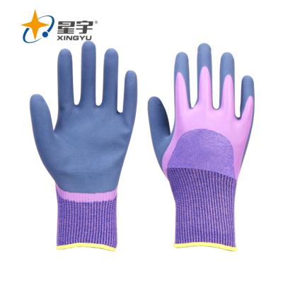 China Xingyu 13G Polyester Spandex Shell Half Latex Coated Inner General Purpose Latex Gloves and Sandy Thumb Coated Outer Work Safety Gloves for sale