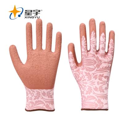 China General Purpose Knitted Gloves Xingyu 13G Printed Polyester Shell Latex Coated Crinkle Finish Work Safety Gloves Gardening Gloves for sale