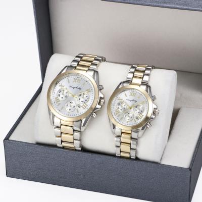 China Power Reserve Mk Style Two Tone Gold Color Quartz Movement Stainless Steel Case Man And Lady Pairs Back Watch for sale