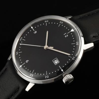 China Auto Date Beige Color Black Dial Domed Italy 304 Leather Strap 316L Stainless Steel Glass Hand Made Mens Watches for sale