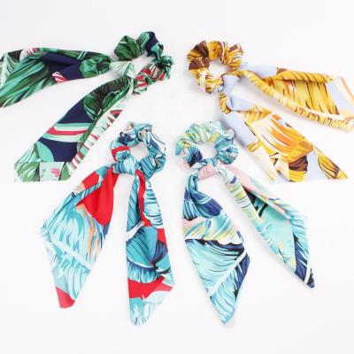 China Trendy Sweetwoo Stain Silk Floral Tie Hair Scrunchies Ribbon Elastic Hair Scrunchies For Woman for sale