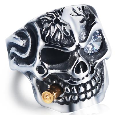 China Punk Heavy Gold Bullet Stainless Steel CZ Red Eye Skull Rings In Stock for sale