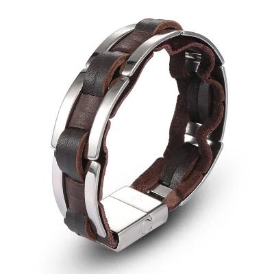 China 2021 Punk Retro Men's Leather Bracelet Personality Stainless Steel Rope Bracelet Jewelry HL076 for sale