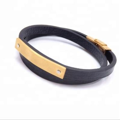 China Custom Stainless Steel Double Wrapped Genuine Leather Biker Strap With IP Magnetic Gold Clasp Stainless Steel for sale