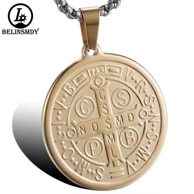 China Stainless steel Dongguan Lixin New style fashion stainless steel round shape with gold letter IP pendant and cross charm for sale