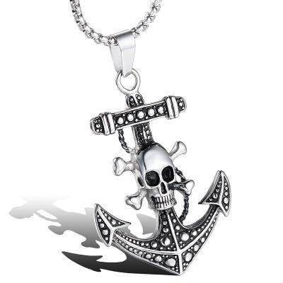 China Gothic Punk Pirates Of The Caribbean Black Cross Anchor Charm Stainless Steel Skull Pendant Necklace for sale