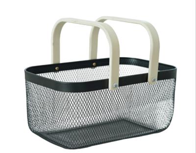 China Sustainable Wood Handles Metal Multi Color Customized Rectangular Wire Mesh Fruit Basket Basket for sale