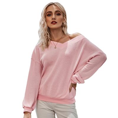 China Aw2021 Anti-pilling V-Neck Off The Shoulder Solid T-Shirt Loose Casual Long Sleeve Tops Women for sale