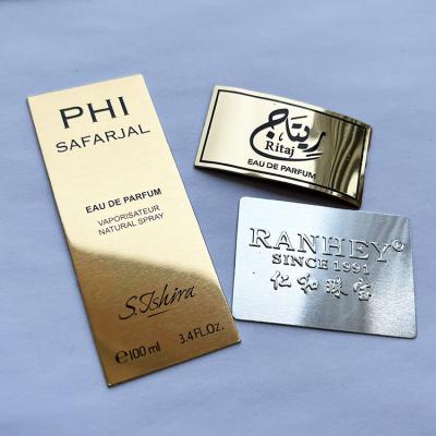 China America Factory Chinese Custom Stainless Steel Sign Perfume Bottle Sign Printing Logo Aluminum Nameplate Stamping Radian Convex Nameplate for sale