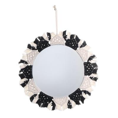 China Contemporary Hot Selling Handmade Round Wall Mirrors Home Art Decor Living Room Baby Nursery Decor Macrame Mirror Black for sale