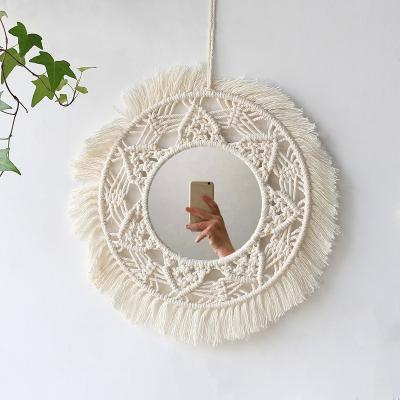 China Contemporary Handmade Macrame Hanging Boho Fringe Round Decorative for Living Room Bedroom Baby Nursery Decor Home Wall Mirror for sale