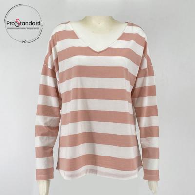 China Fashion Striped Drop Shoulder Breathable Single Sleeve V-Neck Long Sleeve Blouse For Women Ladies for sale