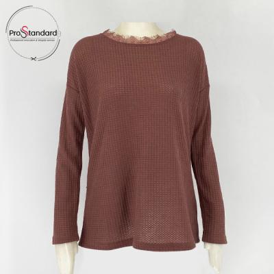 China High Quality Women Fashion Solid Color Lace Trim Breathable Neckline Waffle Knit Tops for sale