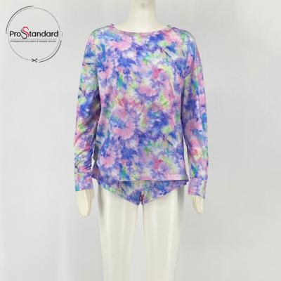 China Breathable Custom Tie Dye Print Women Clothing 2 Piece Long Sleeve Top And Short Set for sale