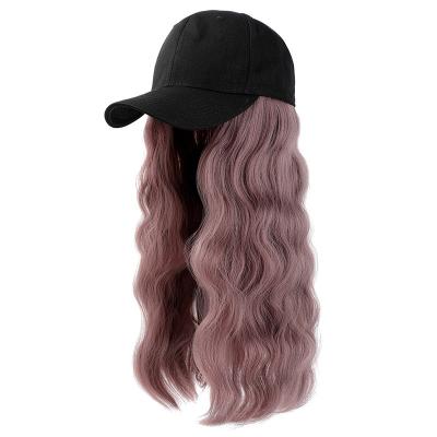 China Custom European Water Wave Fashion Girls 22 Inch Water Wave Long Curly Wine Red Baseball Cap Wig Heat Resistant Synthetic Hair One Piece for sale