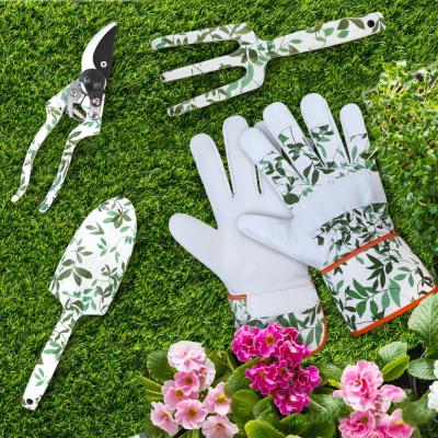 China The Durable Floral Goatskin Leather Gardening Gloves with 3 PCs of Tool Kit for Outdoor Gardening Gardening Tools and Equipment for sale