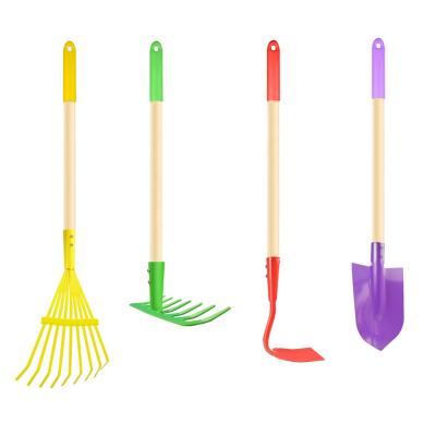 China Garden Game Toys 4PCS Kids Long Garden Tool Kit Include Long Rake Shovel Hoe Leaf Rake With Metal Heads Yard Tools Educational Toy for sale