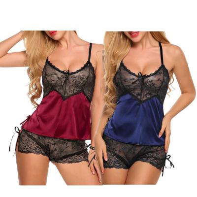 China Smooth 2 Piece Set Women Pajama Stain Nightgowns Ladies Nigty Mesh Sling Nightdress Sexy 2 Piece Lace Up Lingerie Pajamas for sale