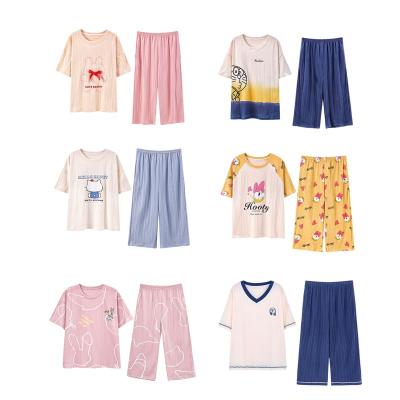 China Breathable V-neck Shorts Homewear Pajamas Comfortable Women's Short Sleeve Shorts Cartoon Cotton Plaid Pajamas for sale