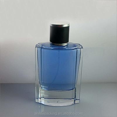 China Popular Designer 50ml Personal Care Rectangle Shape Glass Perfume Pump Bottle Elegant Blue Color Glass Perfume Bottle With Spray And Black Cap for sale