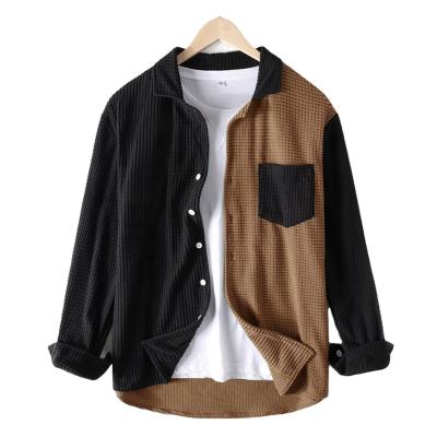 China Anti-Wrinkle Fashion Men's Contrast Patchwork Shirt Corduroy Casual Youth Tops Streetwear Premium Men Lapel Pocket Long Sleeve Shirts for sale