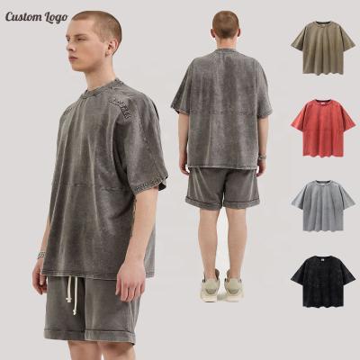 China QUICK DRY Mens 2 Piece Set Oversized Embossed T-Shirt And Sweat Shorts Set Acid Wash High Quality Mens T Shirts for sale