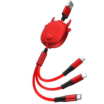 China bullish 3 in 1 data cable Factory wholesale Fast charging cable with 8 Pin Connectors Retractable Charger Cables for Phones for sale