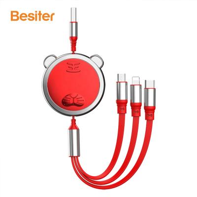 China Custom gift 3 In 1 Retractable 3A Fast Charging USB three-in-one Data Cable for iPhone/Type C/Android for sale