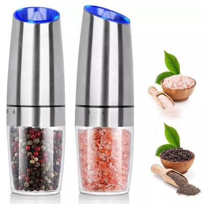 China Viable Electric Blue Rechargeable Pepper Mills Grinder Light Pot Spice Mill Set With Gravity Salt and Pepper Grinder and Stand Spice for sale