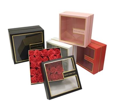 China Handmade Wholesale Luxury Square Gift Flower Box Sets With Lid And PVC Window Satin for sale