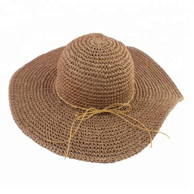 China Girls Lightweight Camel Brown Brim Crochet Bell Straw Hat For Female Soft Wide Point Straw Hat for sale